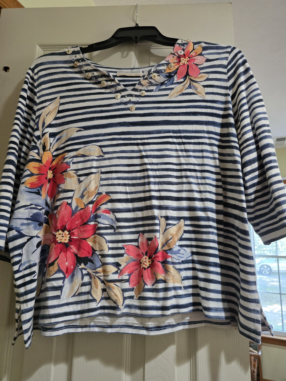 Alfred Dunner Navy & White Striped Top with Red Floral Accents.